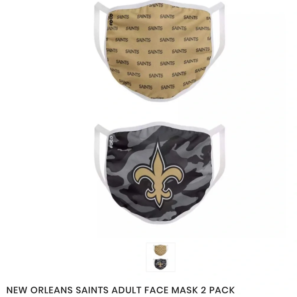 FOCO NFL NEW ORLEANS SAINTS 2 PACK FACE COVERINGS MASKS GLD BLACK UNISEX NWT